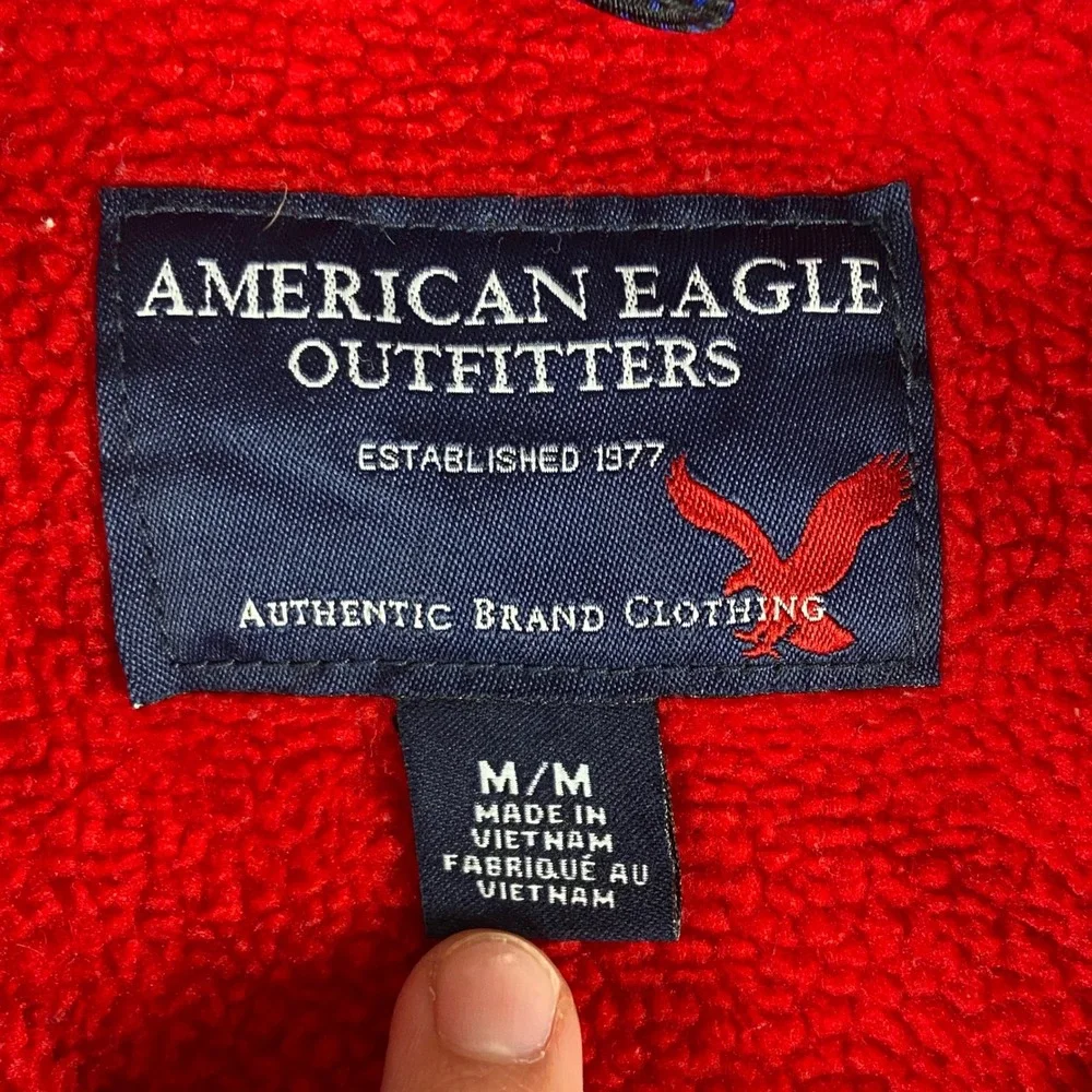American Eagle Fleece Jacket Mens Medium Red Full Zip Mock Neck Logo Warm Soft